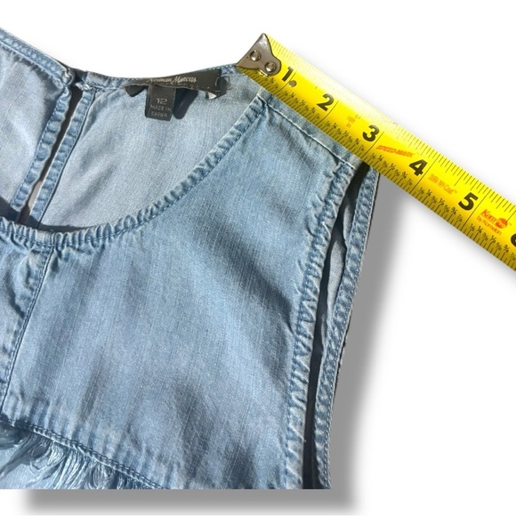 Neiman Marcus Light Denim Patchwork Thick Strap Sleeveless Crew Neck Mini Dress - Picture 10 of 16